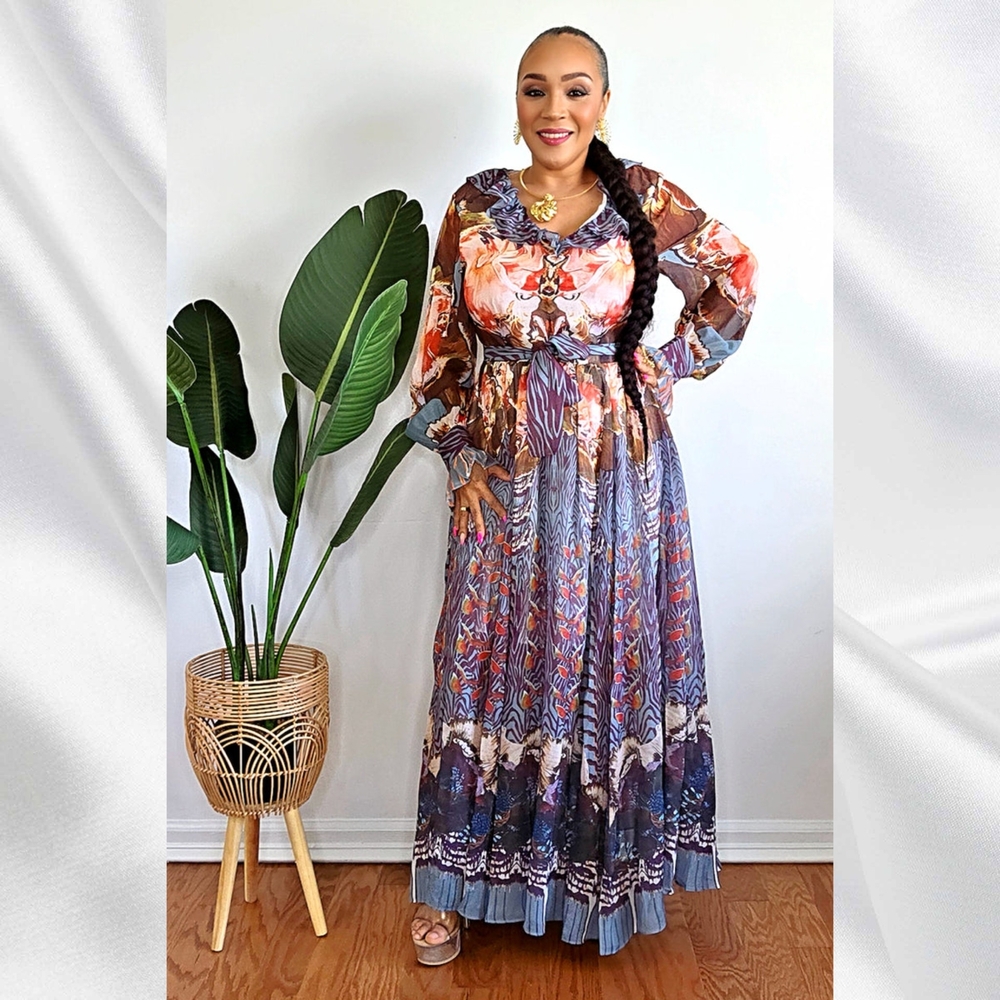 Long Sleeve V-neck Ruffle Multi Brown Print Maxi Dress - Picture 2 of 4